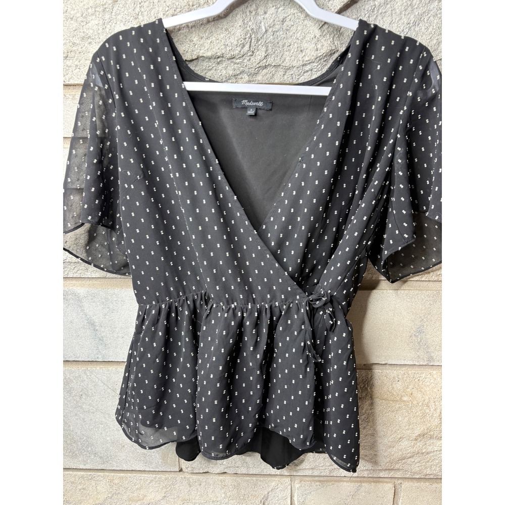 Madewell Black Clip Dot Wrap Top Short Flutter Sleeve Peplum V-Neck Small